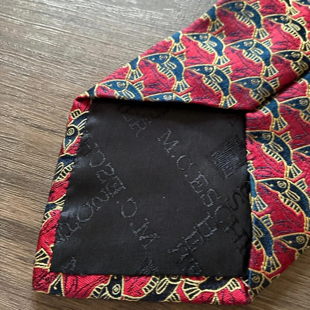 M.C. Escher Fish Tessellation Silk Tie One Size Red Navy Mens Made in Italy
